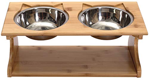 Geyecete- Cuenco de Mesa para Gatos ,Comedero Elevado para Mascotas con Soporte de Madera, dispensador de Comida para Cachorro Gatito,Altura Fija, Platos de Agua y Comida-2 Cuencos