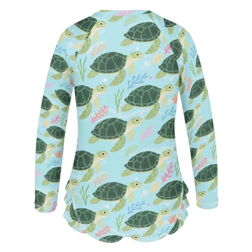 Sea Turtle Coral Pattern Girls Long Sleeve Swimsuit Rash Guard One Piece Bathing Suits Zipper 3-12T3