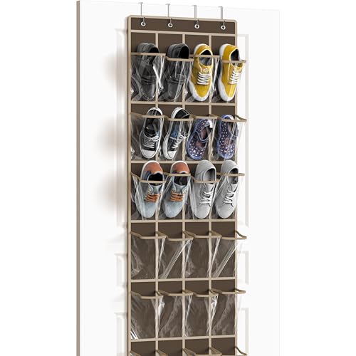 Simple Houseware 24 Pockets - Crystal Clear Over The Door Hanging Shoe Organizer, Brown (64'' x 19'')