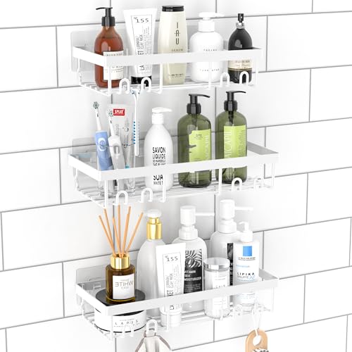 Shower Caddy 3 Pack, No Drill White Shower Organiser Rack, Adhesi...