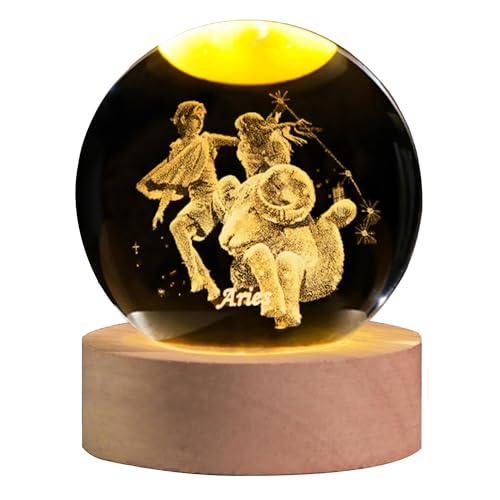 QIANCHANG 3D Laser Etched Aries Crystal Ball with LED Light Stand