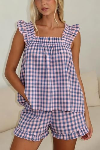 Image of ROAONOCOMO Women Floral Pajama Set Ruffle Babydoll Cami Top Coquette Pj Set Gingham 2 Piece Shorts Outfit Bridal Loungewear