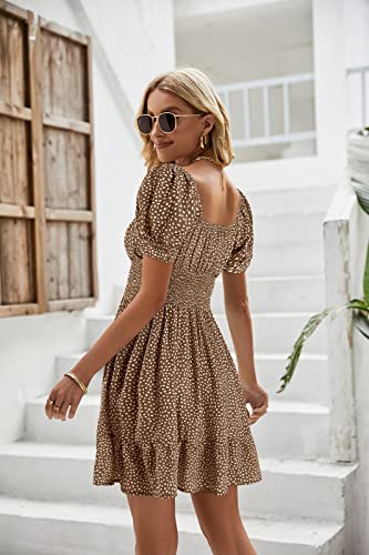 Image of Womens Babydoll Mini Dress Casual Square Neck Short Sleeve Summer Dresses | Empire Waist, Smocked, Flowy, Short Beach Dress, Vacation, Floral, Boho
