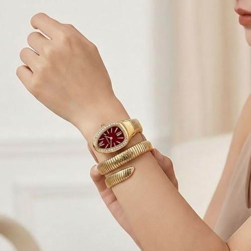 Image of Serpentine Snake Watch, Red | Spiral Bracelet, Roman Number Dial, Quartz Movement, Waterproof, Luxury Metal Bezel