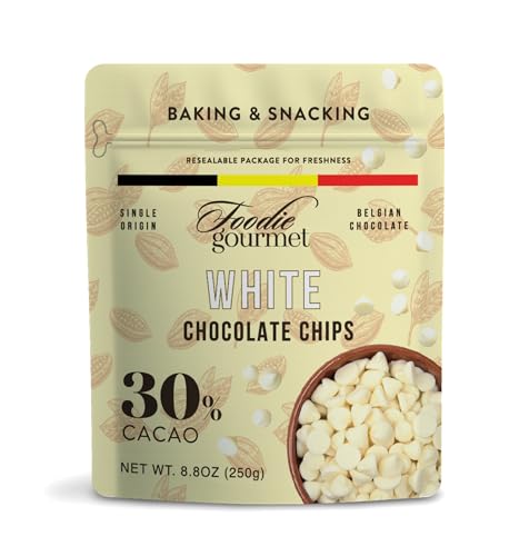 Foodie Gourmet Belgium White Chocolate Chips – Velvety Gourmet Baking Chips for Cookies, Desserts, Snacking & Candy Making – 8.8 oz | 30% Cacao Butter