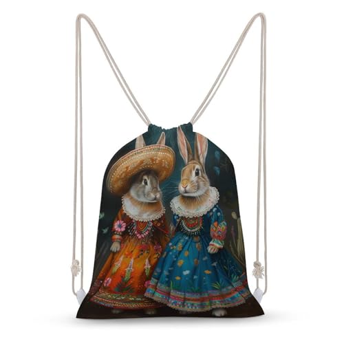 Vintage Two Rabbits Drawstring Backpack Canvas String Bag Lightweight Sports Gym Bag for Men Women