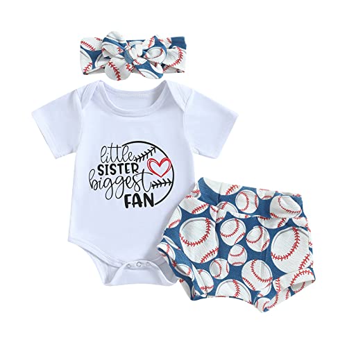 Chloefairy Newborn Baby Girl Baseball Outfit Little Sister Biggest Fan Romper Ruffle Baseball Shorts Set