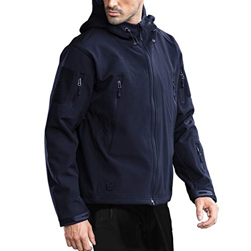 FREE SOLDIER Men's Outdoor Waterproof Soft Shell Hooded Military Tactical Jacket (Dark Navy, Small/US)