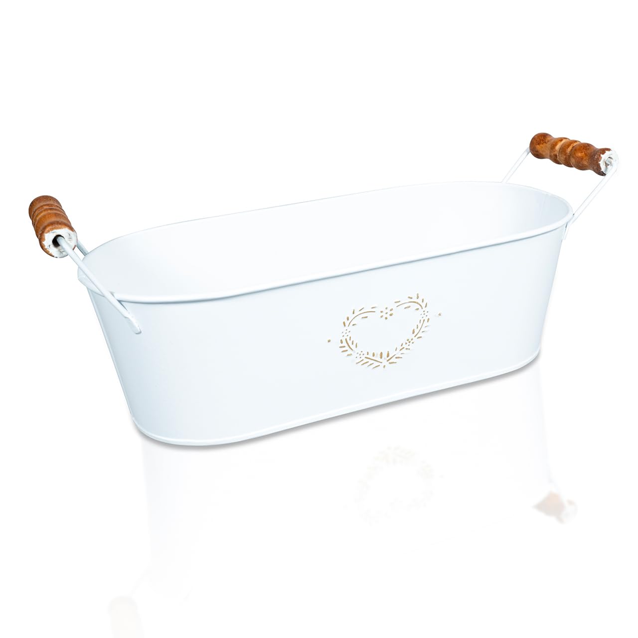 White Oval Metal Planter with 2 Handles - Weatherproof Indoor Outdoor Home Garden Vintage Style Flower Plant Pot with Heart Motif for Flowers, Herbs, Plants - Measures H11 x W30 x D10cm