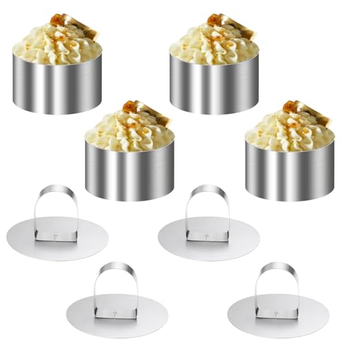 XxinXrong 4 Stück Dessertringe 8cm, Servierringe, Speiseringe, Runde Kuchenringe, Edelstahl Mousse Ringe, Mini Tortenringe Klein Backringe, KuchenForm Lebensmittel Pressen Ringe, mit Pushers