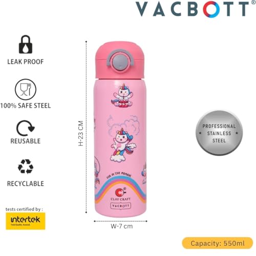 Image of Clay Craft Water Bottle 550ML Stainless Steel Sports /Leak Proof Bottle | Double Walled | for Home, Office, Gym, Travelling | Lightweight | BPA Free | BIS Certified | 1 Year Limited Warranty | Pink