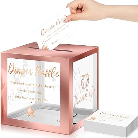 Funrous 50 Diaper Raffle Tickets with Box for Baby Shower Game Invitations Diaper Raffle Card for Gender Reveal Baby Shower Party Decoration Table Centerpiece (Clear Rose Gold) Cover