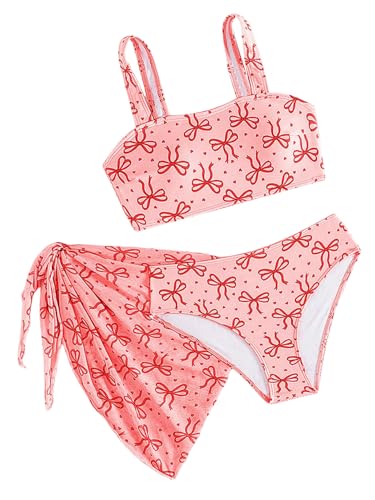 MakeMeChic Girl's 3 Piece Bikini Set Bow Summer Bathing Suit with Cover Up Skirt