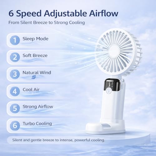 Image of One94Store Rechargeable Handheld Fan with 1800mAh Battery, 4-5 Hours Battery Backup, 6 Speed Touch Control, Portable Mini Fan with Mobile Stand for Travel, Office, Home & Outdoor Use (White)