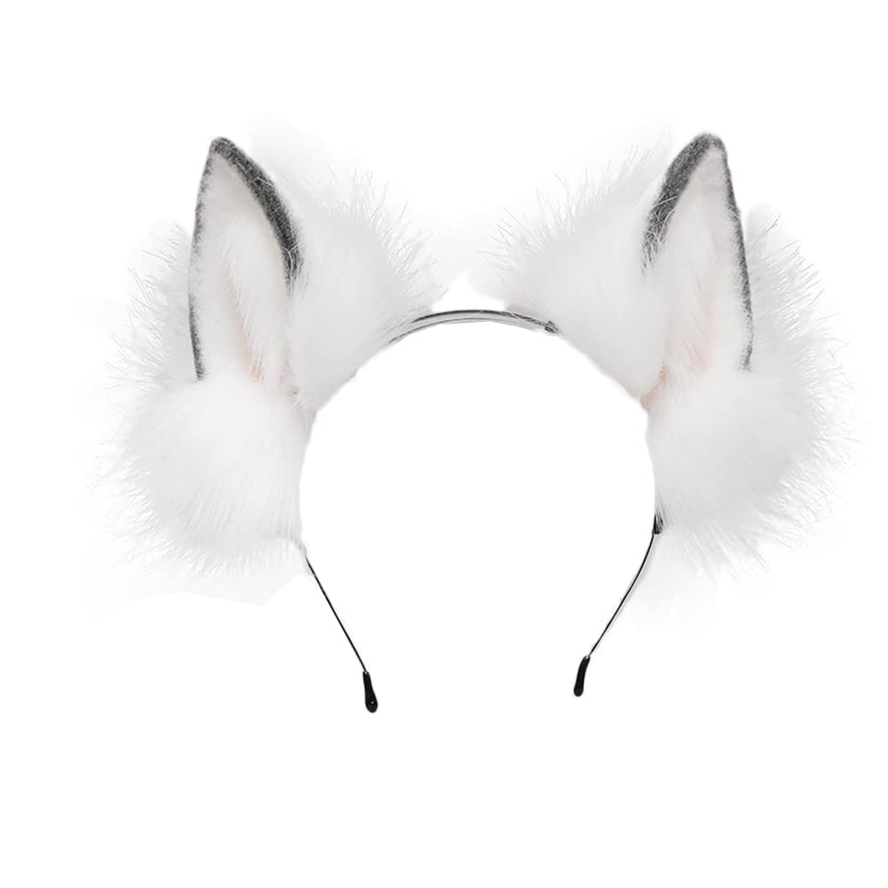 ILUFAM Furry Fox Wolf Cat Ears Headband Animal Cosplay Hair Hoop Party Costume Headwear Fancy Dress Hair Accessories (White) โ image 1