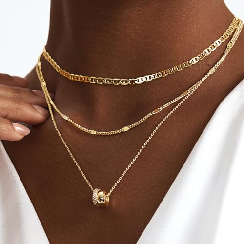 OGD Layered CZ Rondelle Pendant Necklaces for Women, 14K Gold Plated Trendy Mariner Chain Dainty Circle Rondelle Pendant Choker Necklace for Women Two-Toned Cubic Zirconia Gold Necklace3