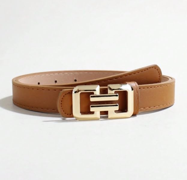 Women Artificial Leather Belt with Gold Rectangular Buckle | Stylish Casual & Formal Waist Belt (4010-BROWN_)-image-36