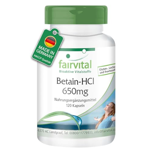 Fairvital | Betaína HCl 650mg - 120 cápsulas - Cápsulas de clorhidrato de betaína - con pepsina - ALTA DOSIS - VEGANO