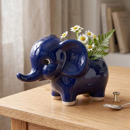 Image of High-Gloss Ceramic Elephant Flower Pot (Set of 2, Blue) | Decorative Succulent Planter & Indoor Vase for Home Decor, Office Desk, and Gifting | Cute Animal Shaped Plant Container