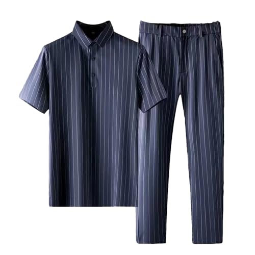 Men Short-Sleeve Thin Stripe Shirt + Trousers Two-Piece Suit Mens Short Sets Business Casual Outfits