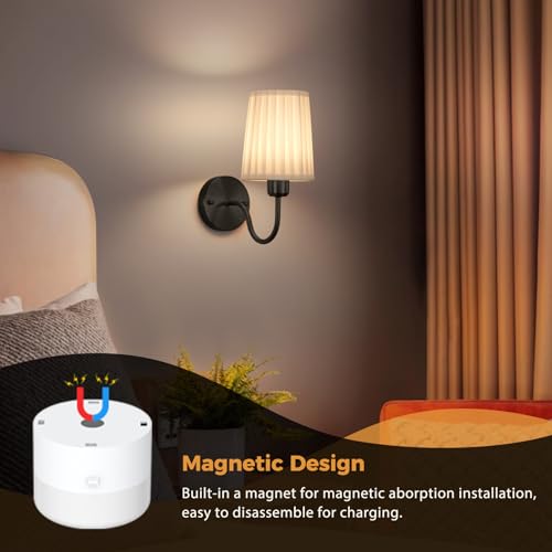 Image of Battery Operated Wall Sconce Set of 2, Rechargeable Wall Sconces with 10000mAh Dimming Magnetic Bulb, Wireless Battery Powered Wall Lights with Pleated for Bedroom Living Room Gallery Hallway,Black