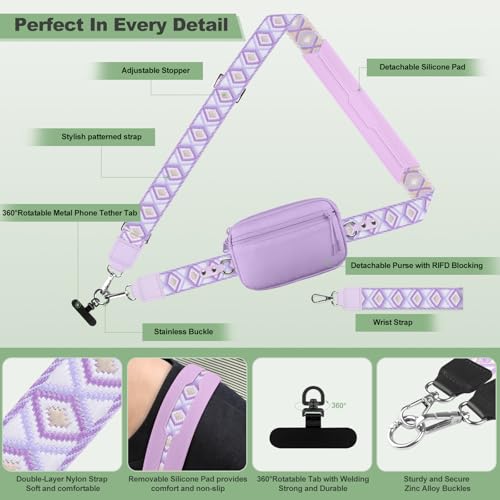 Image of YFWE Clip and Go Strap for Phone with Wallet Crossbody, Adjustable Phone Lanyard with Detachable RFID Wristlet Wallet, Pattern Strap, Light Purple(M)
