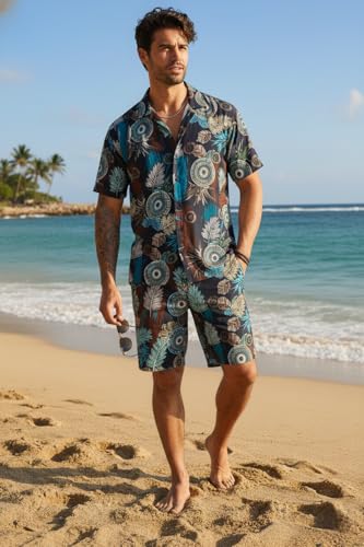 Image of Zilcon Men's Matching Set Summer Beach 2 Piece Outfits Floral and Palms Button Down Shirts and Shorts Goa Vacation Outfits