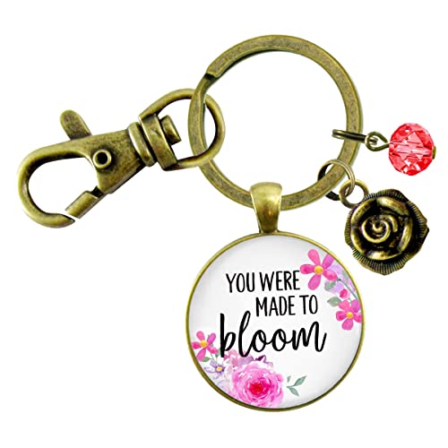 Gutsy Goodness You Were Made To Bloom Keychain Inspirational Jewelry For Women Key Ring - Floral Watercolor Red Pink Motivation Mantra Pendant, Bronze Boho Rose Charm, Thoughtful Gift For Friend Message Card & Box cover