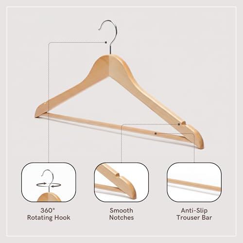 Straame - Strong Brown Premium Wooden Coat Hangers - Made with Natural Wood and Non-Slip Trouser Coat Jacket Hangers Pants Bar - Extra Smooth Finish - Strong Shoulder Notches (Pack of 40) - 3