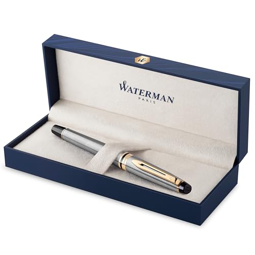 Waterman Expert Fountain Pen, Stainless Steel With 23k Gold Trim, Medium Nib With Blue Ink Cartridge, Gift Box