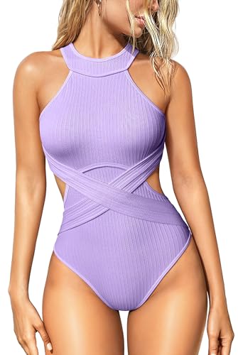 Image of OQQ Women's One Piece Swimsuits Tummy Control High Waisted Cross Bathing Suit Wrap Tie Back 1 Piece Swimwear