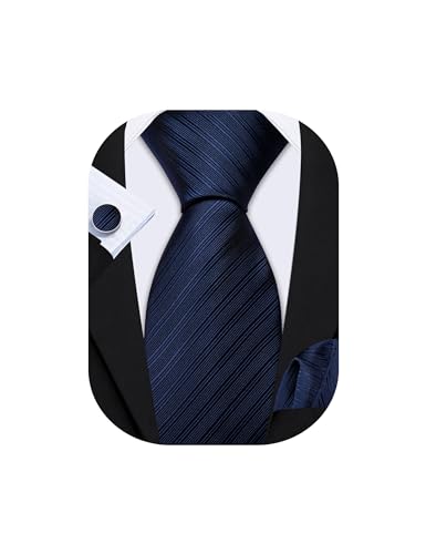 Image of Barry.Wang Solid Striped Tie for Men Silk Necktie Pocket Square Cufflinks Formal Wedding Party Business