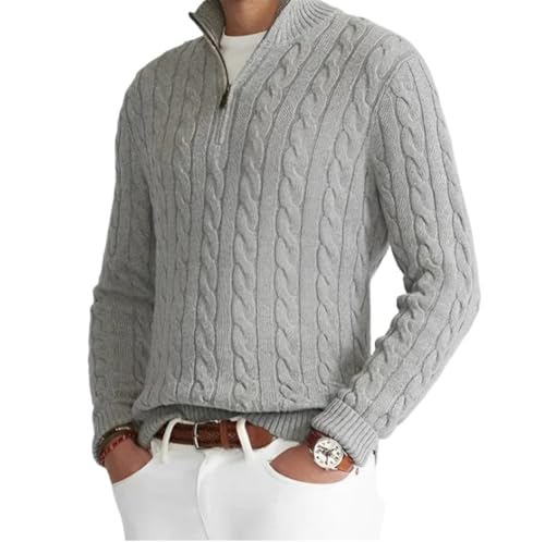 SWZEC GANTI REISSVERSCHLUSSPULLOVER FÜR Herren | STILVOLLER Strickpullover IM Zopfmuster MIT V-Ausschnitt UND Reissverschluss (Grau,M)