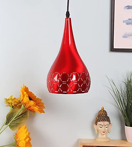 Areezo Hanging Pendant Light for Living Room Ceiling Scone Vintage Classic Designer Cutting Red Metal Single lamp for Bedroom Study Room Decoration with free Bulb