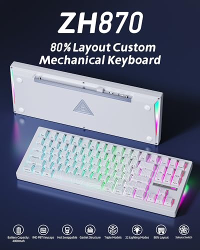 Image of ZORNHER ZH870 Wireless Gaming Mechanical Keyboard,80% White Custom Creamy Sound Keyboard with Lighted Up White Topographic Keycaps,Creamy Sounding Linear Switches,Hot-Swappable,RGB Backlit