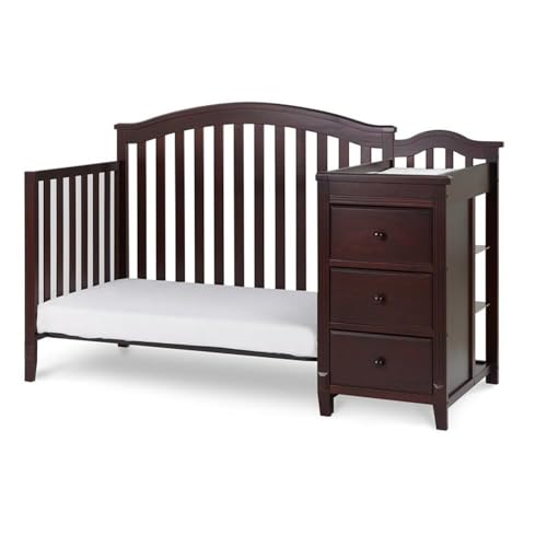 Image of Pemberly Row Solid Wood 4-in-1 Convertible Crib & Changer, Espresso Finish, Includes Changing Pad, 3 Drawers & Shelves, Adjustable Mattress Support, Space-Saving Nursery Furniture for Baby Room