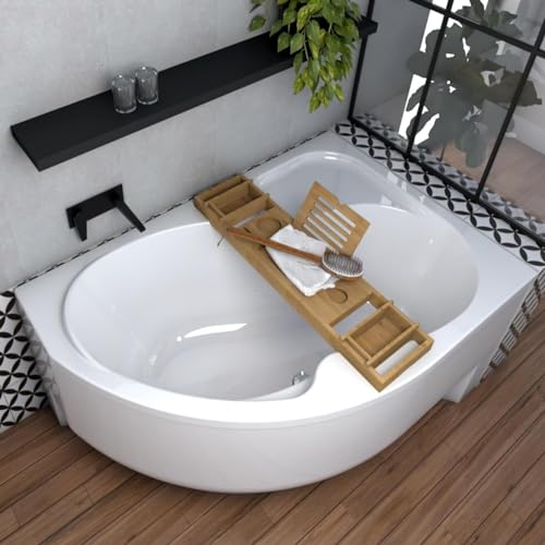 ECOLAM Baignoire d'angle en acrylique asymétrique Wela 170x100 cm droite + tablier en acrylique | Planche en bambou | Pieds...