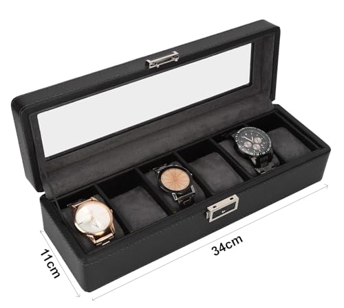Image of House of Quirk 6 Slot Leather Watch Box Display Case Organizer Glass Jewelry Storage Watch Box 6 Compartments Glass (Black)