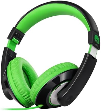 rockpapa Comfort Kids Headphones for School, Lightweight Childrens Boys Girls Teens Over-Ear Headphones Wired 3.5mm for CD DVD Player Tablet Phone Travel Black/Green
