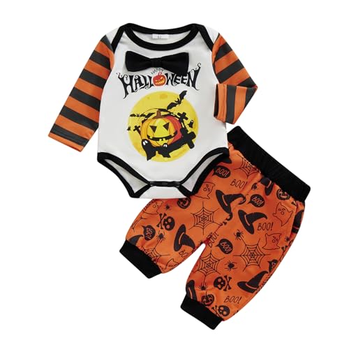 Newborn Baby Boy Halloween Outfit Clothes Pumpkin Print Long Sleeve Romper Elastic Waist Pants Set