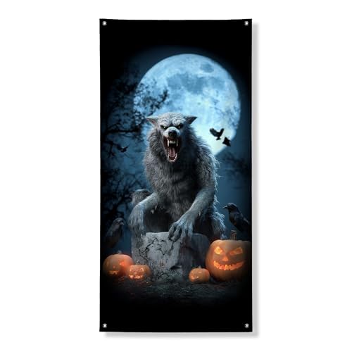 Halloween Werewolf Door Cover Banner Decorative Spooky Dark Fantasy Moonlit Background Indoor Outdoor Haunted House Decor Supplies 36x72 Inch