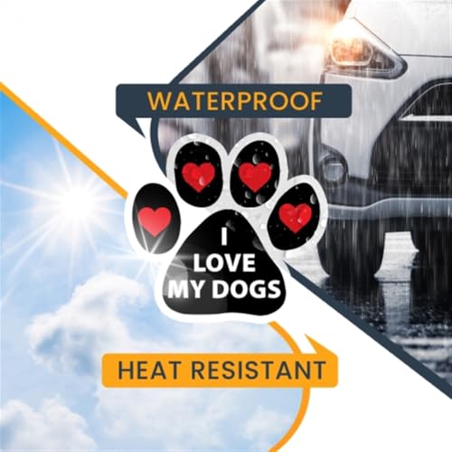 Image of I Love My Dogs with Heart Pawprint Car Magnet 5 Inch 2 Pack, Dog Lover Gift | Heavy duty magnetic decal for car, truck, SUV or fridge, full color UV printed