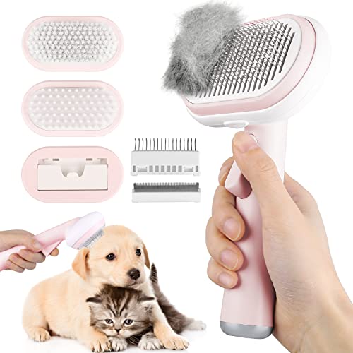 ペット用ブラシ 猫ブラシ 犬用ブラシ ワンプッシュ式 5in1 ブラシ マッサージ スリッカーブラシ ブラッシングブラシ 毛玉取りブラシ 犬猫通用 短毛 長毛 種向け ブラシセット 丸洗い可能 Merisny (ピンク)