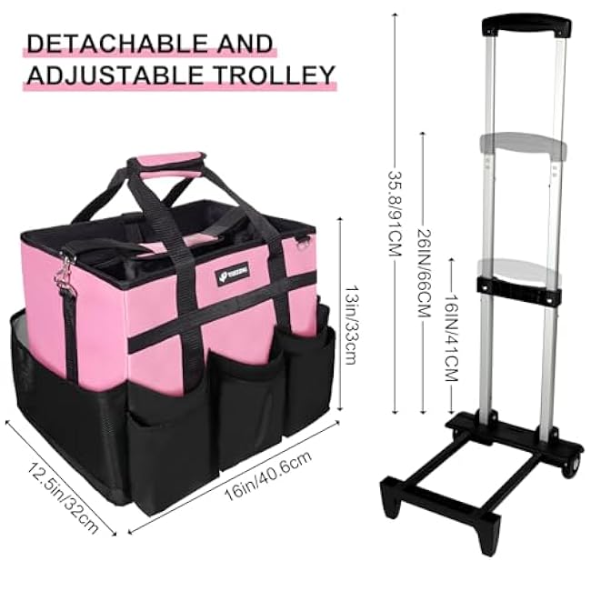 Large Rolling Cleaning Caddy Bag with Wheels, with Detachable Trolley, Cleaning Bags on Wheels for Housekeepers, Cleaning Cart Supplies Organizer for Home, Car, Picnic (Pink)