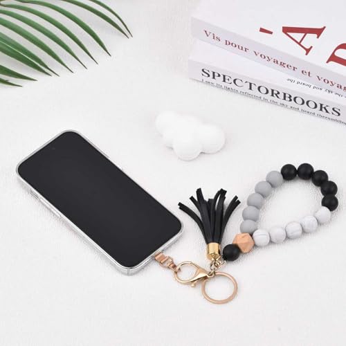 Image of BAOSIWA Silicone Key Ring Bracelet Wristlet Keychain Unique Beaded Bangle Key Chains for Women with Leather Tassel