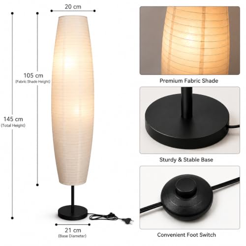 Image of XERGY Minimalist Modern Rice Paper Floor Lamp | Elegant Design | 2, E27 Bulb Socket | Stable Heavy Base for Bedroom, Office & Living Room Decor (Height- 145cm, Bulb Not Included)