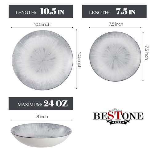 Image of Bestone Porcelain Dinnerware Sets Service for 4, 12 pcs Hand drawn Plates and Bowls Sets, Handmade Ceramic Dish Set, Chip Resistant Modern Plate Set, Dishwasher /Microwave Safe,Gray
