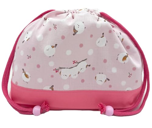 miwaki お弁当袋 巾着袋 中 女の子 お弁当入れ コップ入れ マチあり 小学校 幼稚園 保育園 日本製 手作り お名前タグ付き モチーフ 水玉 ピンク シマエナガ 雪 PK M