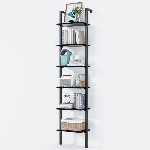 ODK 6-Tier Ladder Shelf, Book Shelf with Metal Frame, Bookcase for Living Room, Home Office, Kitchen & Bedroom, Space Saving Freestanding Organizer Rack, Black (10" D x 24" W x 87" H)