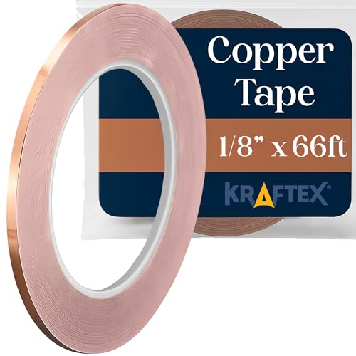 Image of Kraftex Copper Tape 1 /8 inch x 66ft. Copper Foil Tape for Stained Glass Soldering with Conductive Adhesive. Great Shielding for Guitars, EMI Shielding, Jewlery Making and Crafts